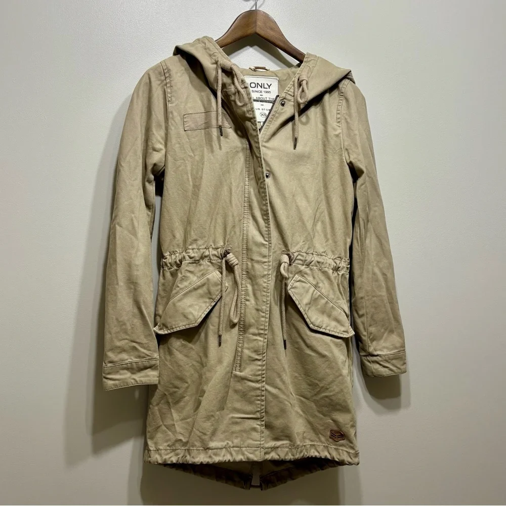 Only Tan Hooded Utility Anorak Jacket Zip Front Drawstring Waist XS - Picture 2 of 10